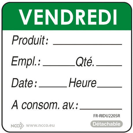 ÉTIQUETTES DLC JOUR SEMAINE AUTOCOLLANTES 5X5CM VENDREDI VERT X500