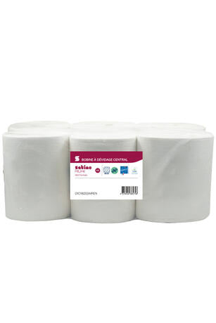BOBINE DÉVIDAGE CENTRAL SANS MANDRIN SATINO 450 FORMATS 2 PLIS 25X18CM BLANC ECOLABEL X6