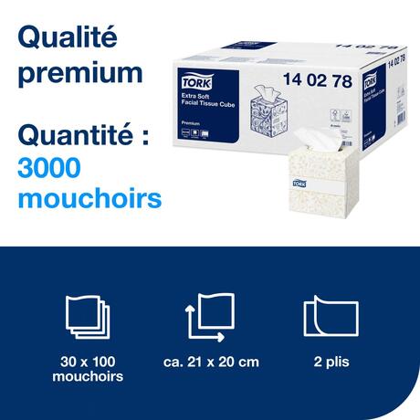 MOUCHOIRS BOÎTE CUBIQUE TORK® PREMIUM BLANC 100 FORMATS 2 PLIS ECOLABEL X30
